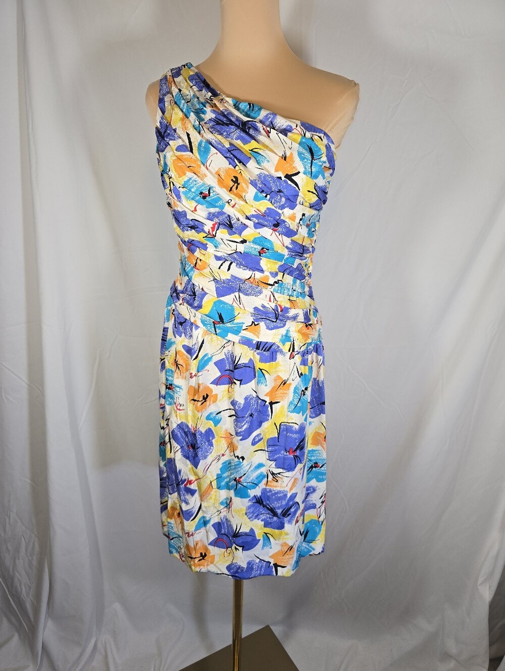 Floral Sleeveless One-shoulder Midi Dress +Scarf in Indigo, Blue, & Yellow